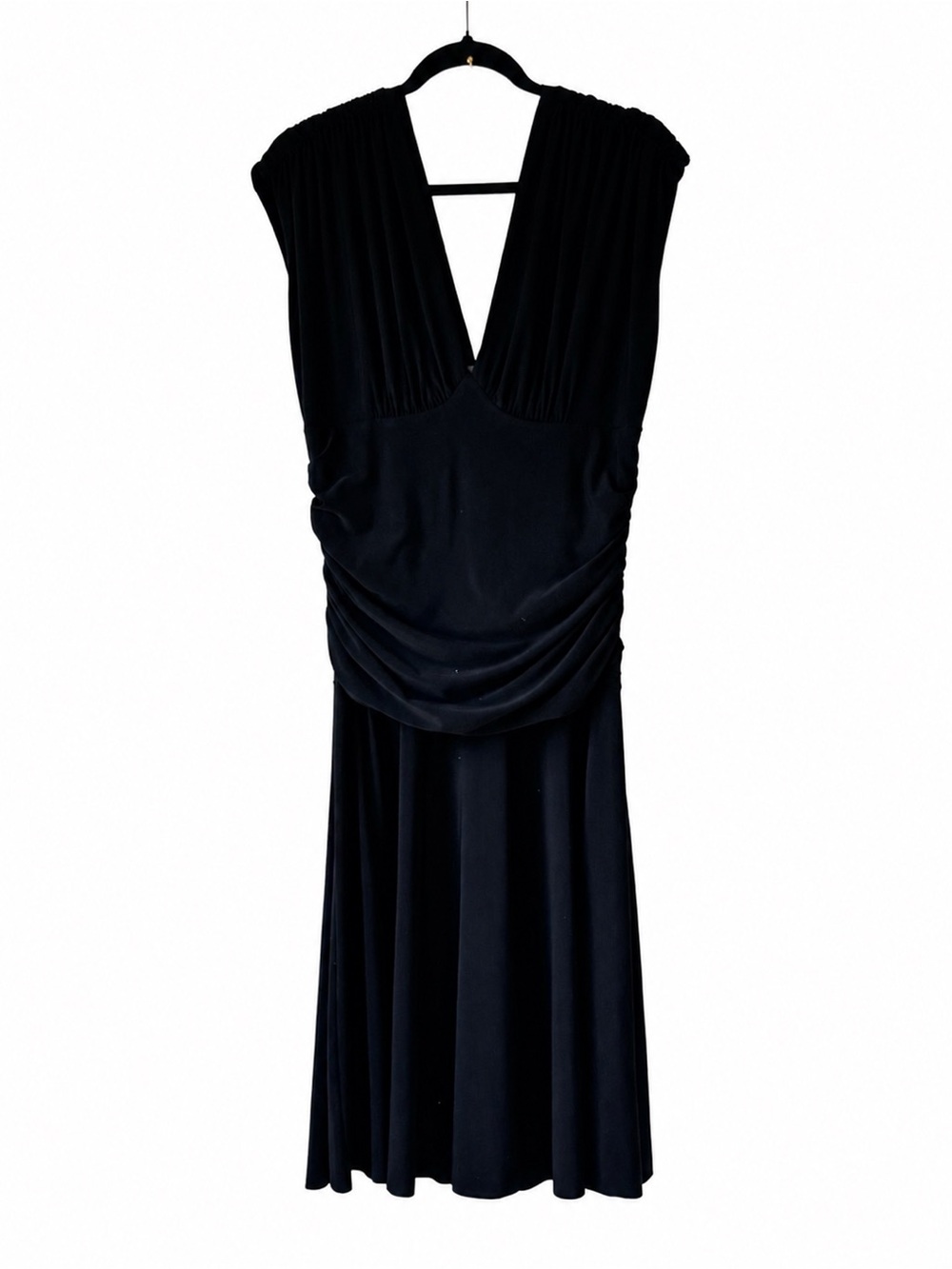Bisou Bisou Midi Dress Size 14 Black Ruched Stretch Jersey V Neck